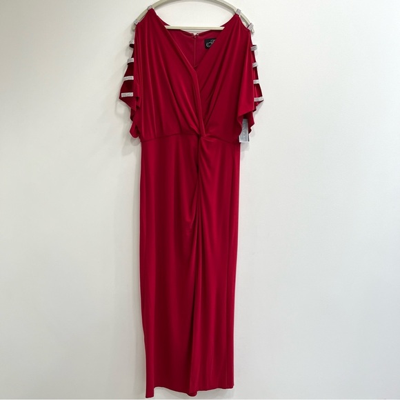 Alex Evenings Women's Red Long Knot Front Dress with Embellished Short Sleeve 18 - Picture 2 of 11